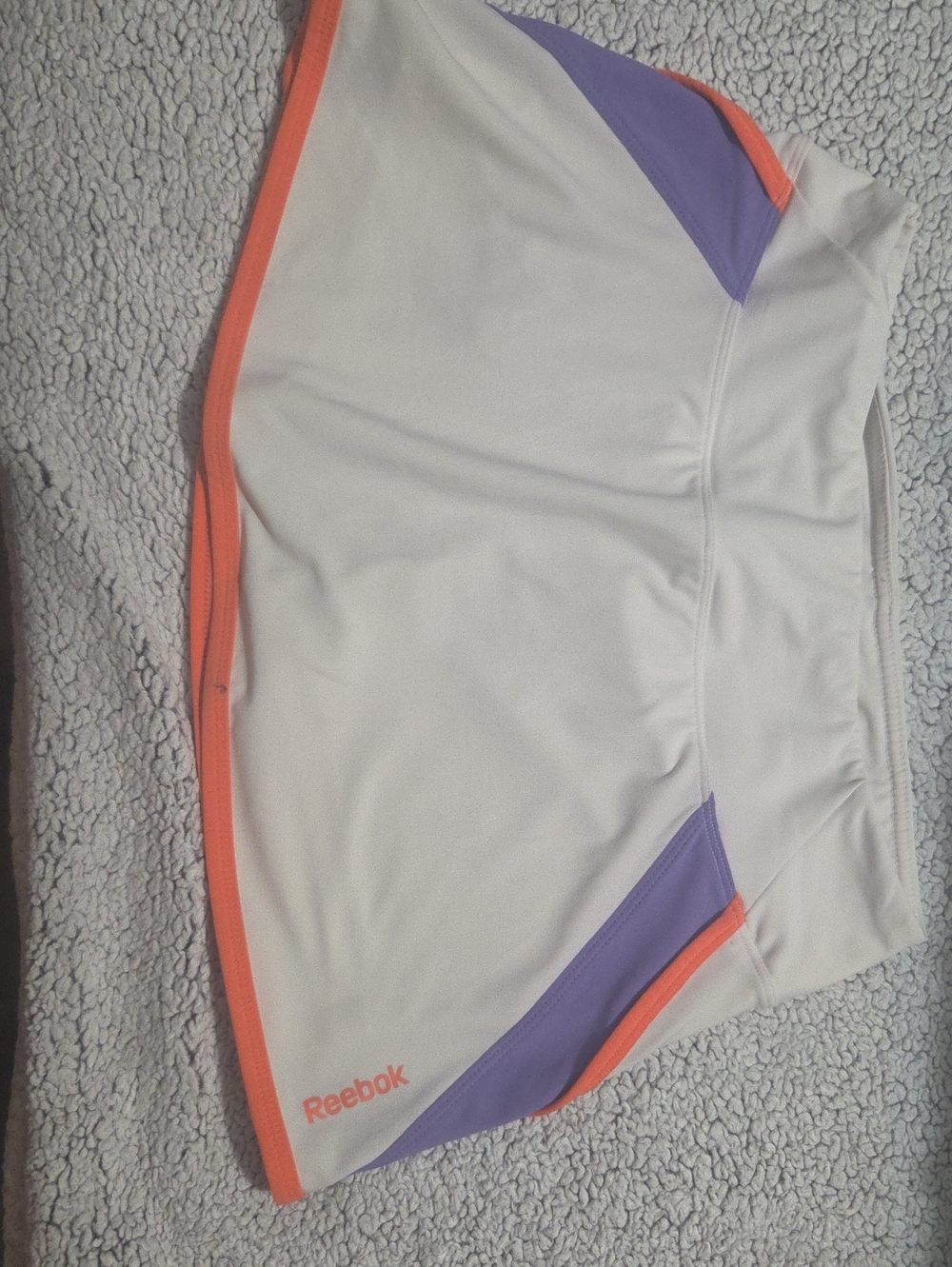Reebok White Athletic Shorts with Purple Panels and Coral Trim